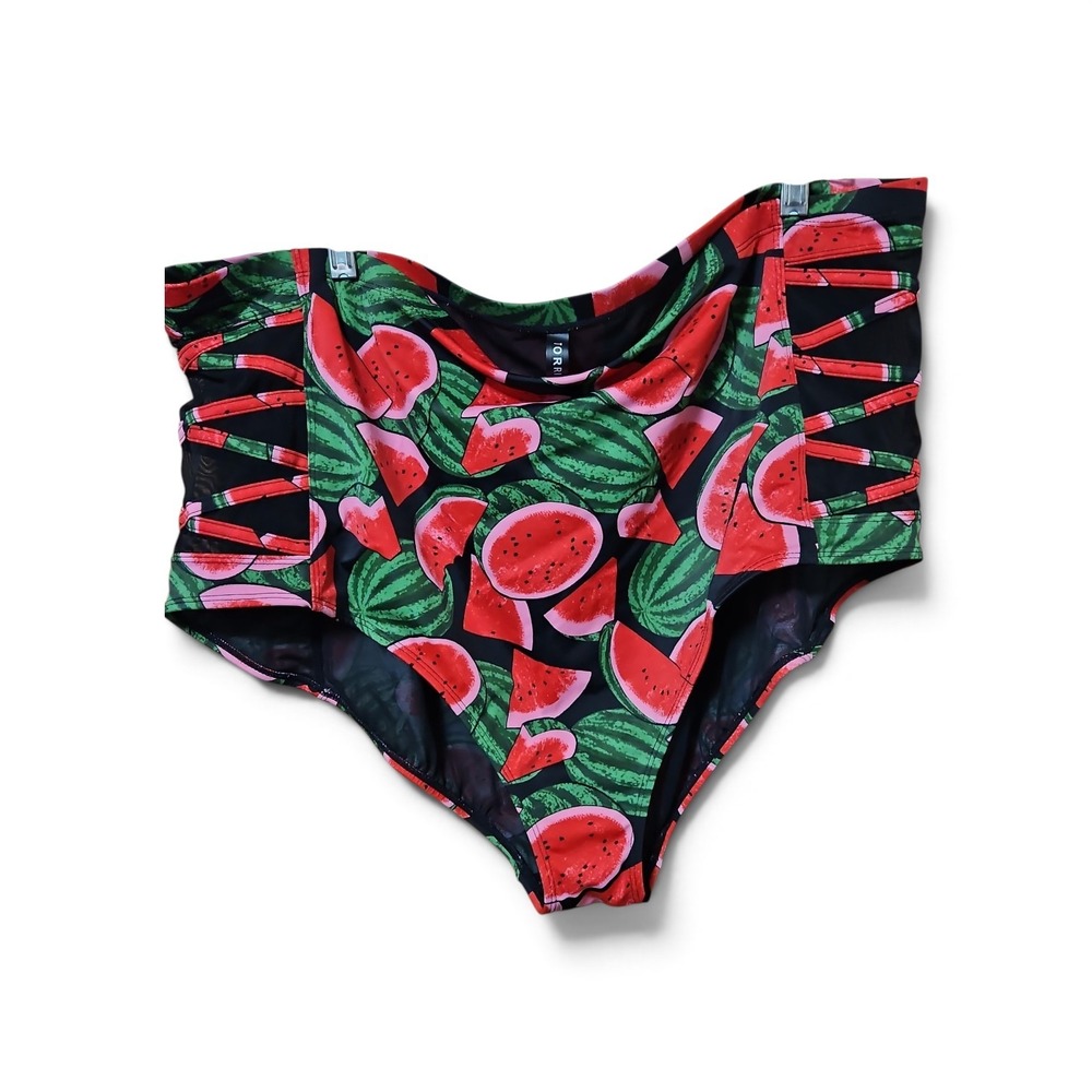 Torrid Watermelon Print High Waisted Bikini Bottoms Lattice Sides Black 2X  0560